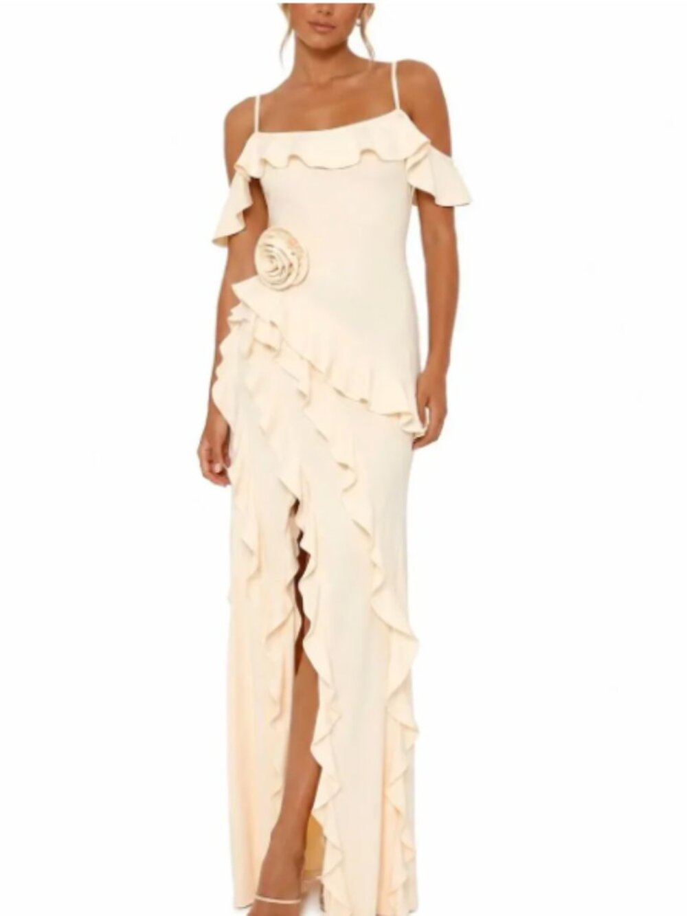 NWT Size L- JLUXLABEL Brenna Cream Ruffle Rosette Cold Shoulder Maxi Dress